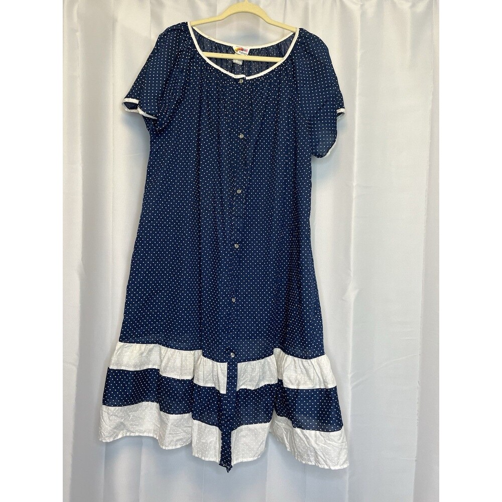 Vintage House Coat Robe Mumu Polka Dot Snap Front Cottagecore Grandma Navy USA
